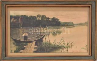 Mokos I. jelzéssel: Csónakos. Akvarell, papír, üvegezett keretben, 12×19 cm