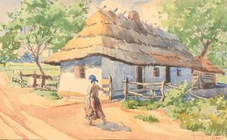 Újházy Sándor (1890-1941): Vízhordó lány, 1929. Akvarell, papír. Jelzett. Üvegezett fa keretben, 13×19 cm