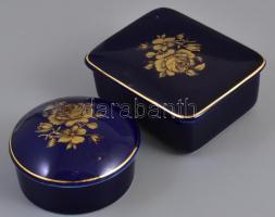 Hollóházi porcelán kék ékszertartó dobozkák, arany rózsadíszítéssel, 2 db, matricás, jelzett, kis mázhibákkal, 9x7x4 cm és d: 7,5 cm