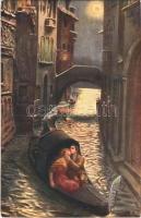1925 Amore in gondola / Italian lady art postcard, romantic couple. Cromoscultura A. Traldi Nr. 01325.
