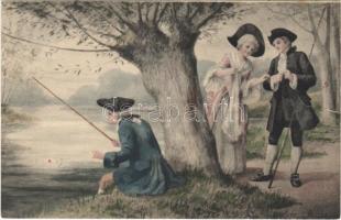 Lady art postcard, romantic couple, fishing