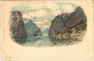1899 Norwegen, Partie aus dem Naeroyfjord. Kunstanstalt Paul Finkenrath 687. litho (EK)