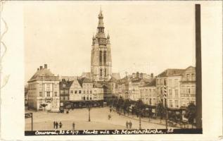 1917 Kortrijk, Courtrai; Markt mit St. Martinskirche / marketplace, church, shops. photo (EK)