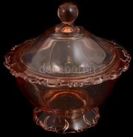 6 db lazacszín üveg teás csésze aljjal + hozzá való cukortartó. Formába préselt anyagában színezett,...