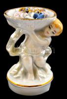 Camina román figurális porcelán, virágos tálat tartó puttó, kézzel festett, jelzett, hibátlan, m: 10 cm