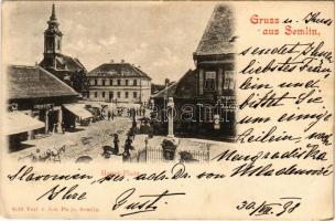 1898 Zimony, Semlin, Zemun; Haupt-Platz, Apotheke / Fő tér, Gyógyszertár, üzletek, templom / main square, pharmacy, shops, church (EB)
