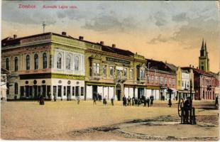 1915 Zombor, Sombor; Kossuth Lajos utca, Bácsmegyei Agrár Takarékpénztár, Délvidéki Közgazdasági Bank Részvénytársaság zombori fiókintézete, Klein Vilmos és Társa üzlete. Kaufmann Emil kiadása / street view, savings bank, shops (EK)