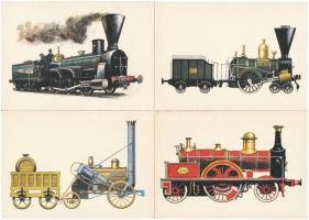 8 db MODERN vasúti motívum képeslap, vonatok, Kondor Lajos szignóval. Képzőművészeti Alap Kiadóvállalat / 8 modern railway motive postcards, trains, signed by Lajos Kondor