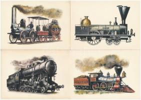 8 db MODERN vasúti motívum képeslap, vonatok, Kondor Lajos szignóval. Képzőművészeti Alap Kiadóválla...