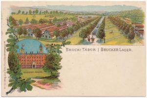 Királyhida, Bruckújfalu Tábor, Brucker Lager, Bruckneudorf; Brucker Lager, Schloss Prugg / Bruck-i tábor, Prugg kastély / K.u.K. military camp and barracks, castle. Verlag Alex Klein No. 702. Art Nouveau, floral, litho (EK)