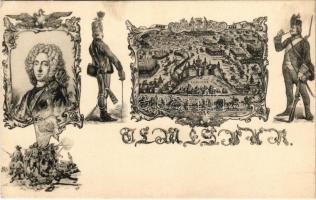 Temesvár, Timisoara; Temisvar anno 1586. Verlag W. Bergmann. Art Nouveau frame with soldiers (EK)