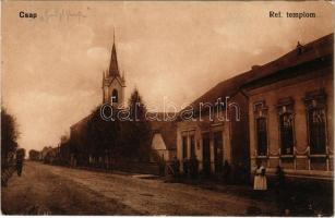 1916 Csap, Cop, Chop; Református templom, Szövetkezet üzlete. Vasúti levelezőlapárusítás 4967. / street view, Calvinist church, cooperative shop (EK)