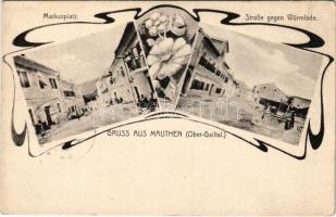 1916 Mauthen (Kärnten), Markusplatz, Straße gegen Würmlande, Gasthaus / street view, square, shop, inn. Nach Fotographie v. Slunetschko. Art Nouveau, floral (EK)