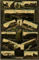 1910 Znojmo, Znaim; multi-view postcard with theater, railway bridge, locomotive, synagogue. Art Nouveau frame with cucumber. Mehner & Maas (EK)