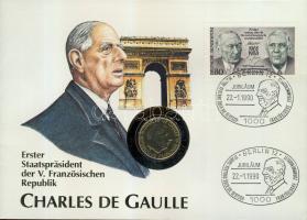 Franciaország 1988. 1F aranyozva "Charles de Gaulle" érmés, bélyeges borítékon T:2