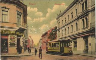1909 Szeged, Kölcsey utca, villamos, Kertész Gyula fűszer és csemege üzlete