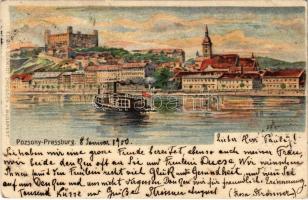1900 Pozsony, Pressburg, Bratislava; vár, gőzhajó / castle, steamship. Edgar Schmidt litho