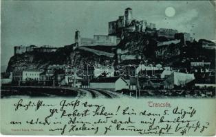 1899 Trencsén, Trencín; vár, vasútvonal este. Gansel Lipót kiadása / Trenciansky hrad / castle, railway line at night (kis szakadás / small tear)