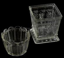 2 db üveg edény. Szőlőmintás edény kis lepattanással 10x10x11 cm + üveg kosár d: 10 cm. Formába préseltek