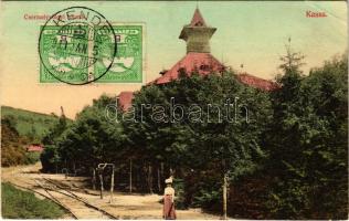 1911 Kassa, Kosice; Csermelyvölgyi kioszk a villamos megállója mellett. Divald Károly műintézete 1883-1908. / kiosk next to the tram stop (EK)