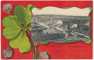 1901 Arad, látkép madártávlatból, lóvasút, üzletek. Szecessziós litho keret lóherével, Réthy L. és Fia kiadása / square, horse-drawn railway, shops. Art Nouveau litho frame with clover (EK)