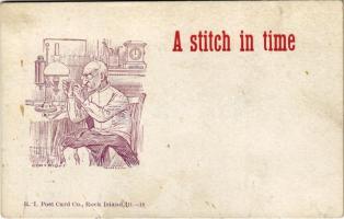 A stitch in time Rock Island Postcard Co. Old man stitching his pants (fl)