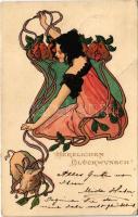 1905 Herzlichen Glückwunsch! / Art Nouveau lady with pig. litho (fa)