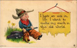I have an aim in life - I want to make my mark in this old world Children art postcard, cowboy with gun (EK)