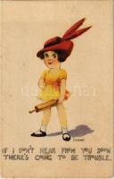 1913 If I dont hear from you soon theres going to be trouble Children art postcard, angry girl with rolling pin. The Gibson Art Co. s: E. B. Kemble (EK)