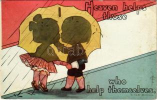 Heaven helps those who help themselves Children art postcard, romantic couple in the rain. American Kid Series. Copyright F. A. Moss (kis szakadás / small tear)