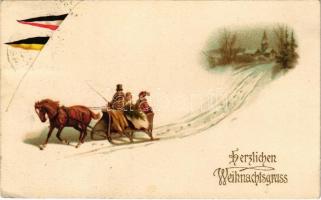 1915 Herzlichen Weihnachtsgruss / Christmas greeting with horse sleigh, German and Austro-Hungarian K.u.K. military propaganda, flags. litho (EK)