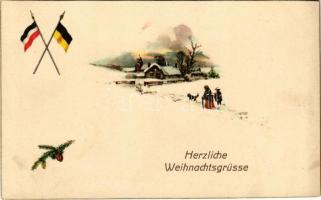 Herzlichen Weihnachtsgrüsse / Christmas greeting art postcard, German and Austro-Hungarian K.u.K. military propaganda, flags. litho (vágott / cut)