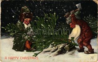 A Happy Christmas Christmas greeting art postcard with dwarves and Christmas tree (fa)