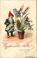Hyvää uutta vuotta! / Finnish New Year greeting art postcard with dwarf and money plant s: Jenny Nyström (r)