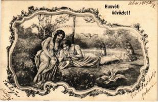 1904 Húsvéti üdvözlet! / Easter greeting art postcard with ladies and rabbits. Art Nouveau, floral (EK)