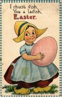 1915 I just wish you a lavish Easter Easter greeting art postcard with girl and egg