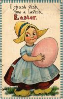 1915 "I just wish you a lavish Easter" Easter greeting art postcard with girl and egg