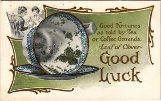 1908 Good Fortunes as told by Tea or Coffee Grounds. Leaf of Clover - Good Luck Fortune telling art postcard. Copyrighted by Fred C. Lounsbury. Art Nouveau, Emb. litho (EK)
