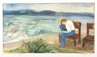 Bernáth Aurél jelzéssel: Vízparti jelenet. Akvarell, papír. Paszpartuban. 29x52,5 cm
