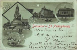 1898 (Vorläufer) Saint Petersburg, St. Petersbourg; Monument de Cathérine II., Palais Anitchkow, le Cirque / statue, palace, Anichkov Litsey, Ciniselli Circus. Louis Glaser Art Nouveau, floral, litho (EK)