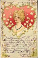 1900 Art Nouveau lady art postcard. Floral, litho (EK)