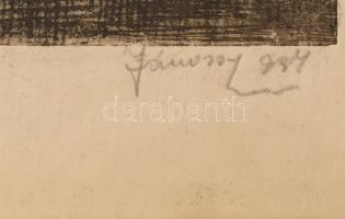 Jánossy 934 jelzéssel: Folyópart. Rézkarc, papír, üvegezett keretben, 18×23 cm