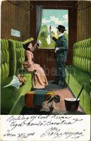 1903 Lady art postcard, romantic couple on a train (EK)