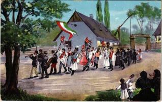 1911 Magyar folklór művészlap, magyar zászló / Hungarian folklore art postcard, Hungarian flag (EK)