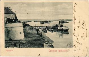 1901 Mohács, Duna-part, hajóállomás, gőzhajó, úszó vízi hajómalom (vízimalom). Orbán Lajos kiadása / floating watermill (boat mill)