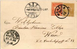 1901 Mohács, Duna-part, hajóállomás, gőzhajó, úszó vízi hajómalom (vízimalom). Orbán Lajos kiadása /...