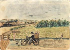 1933 Budapest XVII. Rákoshegy, vasúti átjáró gőzmozdony, kerékpáros férfi. Kézzel rajzolt húsvéti lap (EK)