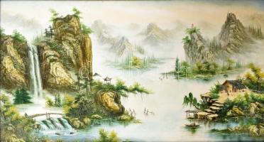 Jelzés nélkül: Kínai tájkép. Olaj, vászon. Fa keretben, 62x120 cm