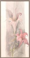 Orosz Anita 99 jelzéssel: Liliom. Akvarell, ceruza, papír. Üvegezett fa keretben, 40x21 cm