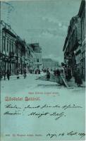 1899 Baja, Báró Eötvös József utca este, Dávid Jakab férfi szabó, Fischer Lipót üzlete, könyvnyomda. Ifj. Wagner Antal kiadása